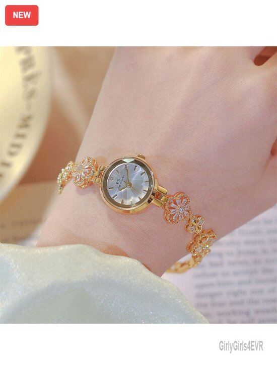 Vintage Gold Bracelet Watch Four Leaf Clover Hollow Chain Dainty Quartz